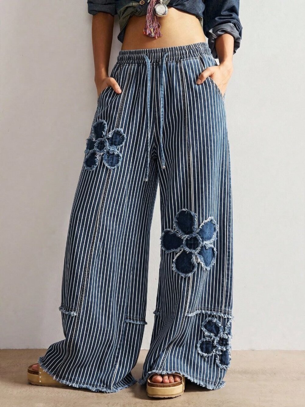 Blue And White Casual Women's Woven Denim Polka Dot Loose Wide Leg Long Pants